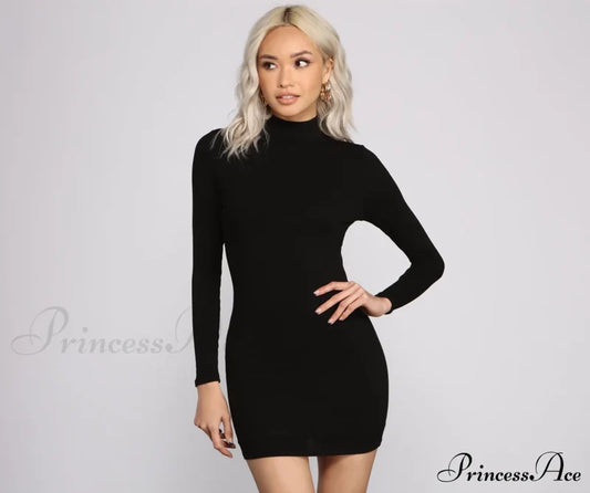 Basic Ribbed Knit Long Sleeve Mini Dress - Lady Occasions