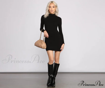 Basic Ribbed Knit Charming Long Sleeve Mini Dress T-Shirts