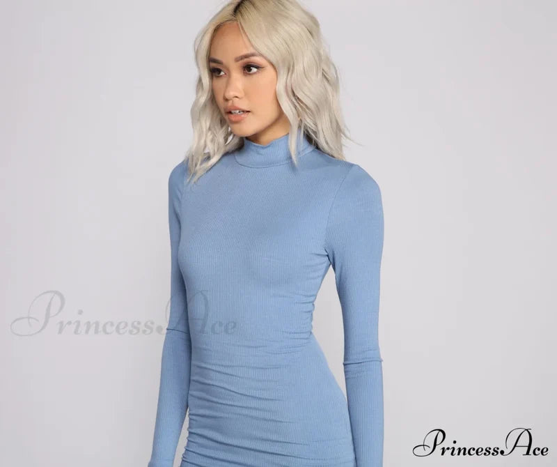 Basic Ribbed Knit Charming Long Sleeve Mini Dress T-Shirts