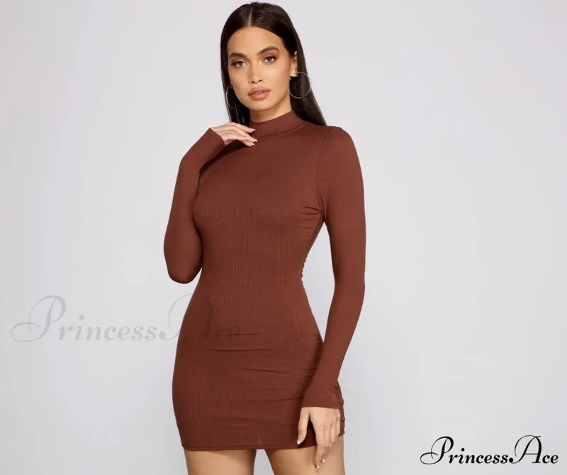 Basic Ribbed Knit Long Sleeve Mini Dress - Lady Occasions