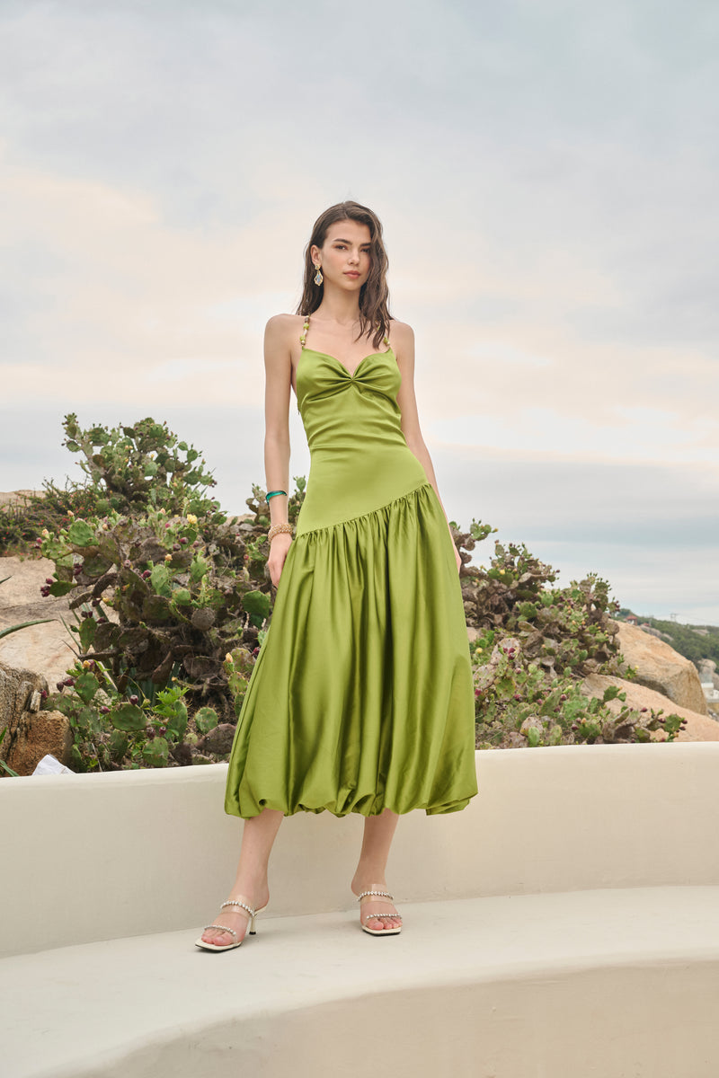 Beaded-strap bubble midi dress