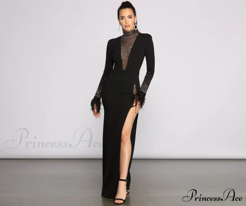 Beka Mesh And Heat Stone High Slit Dress - Lady Occasions