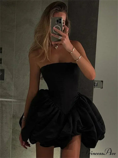Black Ballon Puff Charming Tube Mini Dress