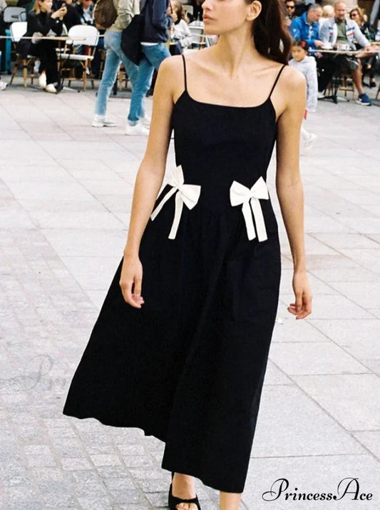 Black Bow Solid Charming Strap Midi Dress Ankle Length