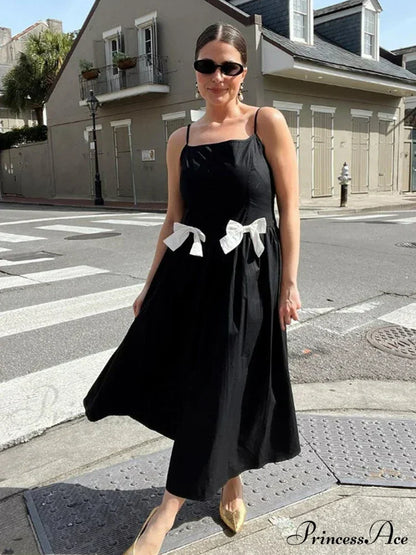 Black Bow Solid Charming Strap Midi Dress Ankle Length