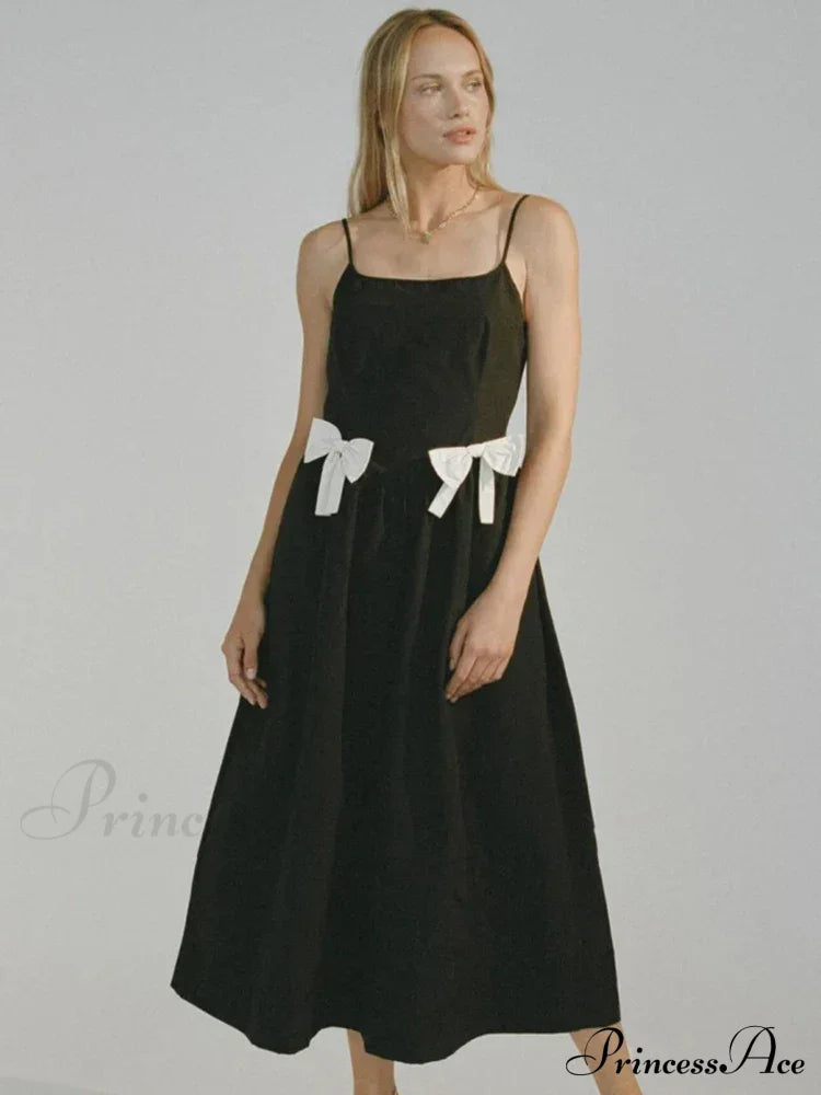 Black Bow Solid Charming Strap Midi Dress Ankle Length