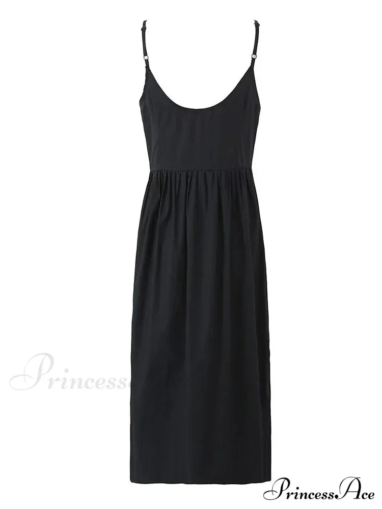 Black Bow Solid Charming Strap Midi Dress Ankle Length