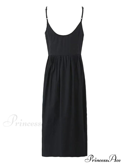 Black Bow Solid Charming Strap Midi Dress Ankle Length