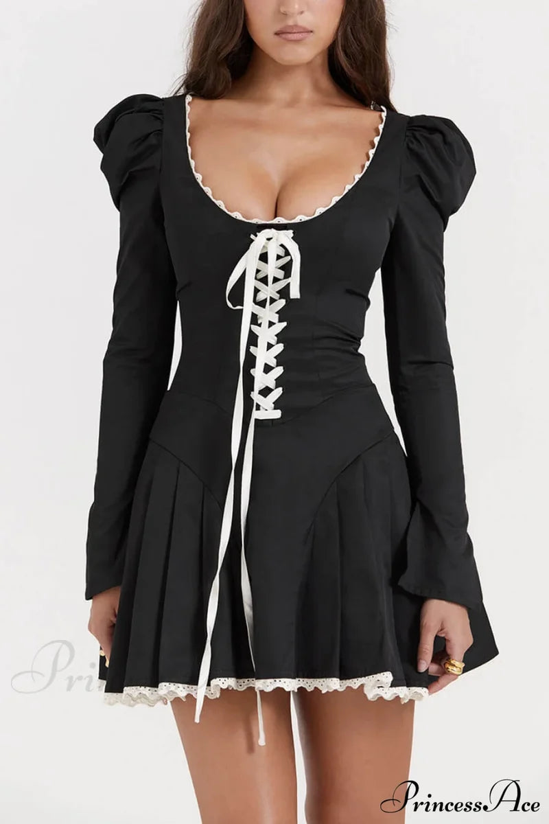 Black&Cream Pleated Stylish Mini Dress Dresses