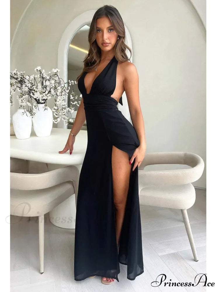 Black Deep Neck Charming High Split Maxi Dress