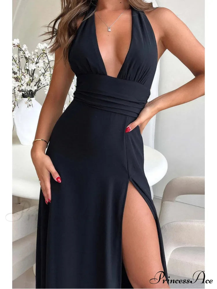 Black Deep Neck Charming High Split Maxi Dress
