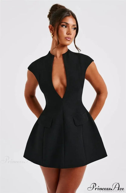 Black Deep Neck Short Graceful Sleeve Solid Mini Dress
