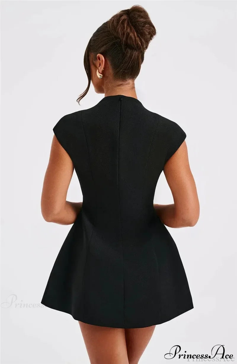 Black Deep Neck Short Graceful Sleeve Solid Mini Dress