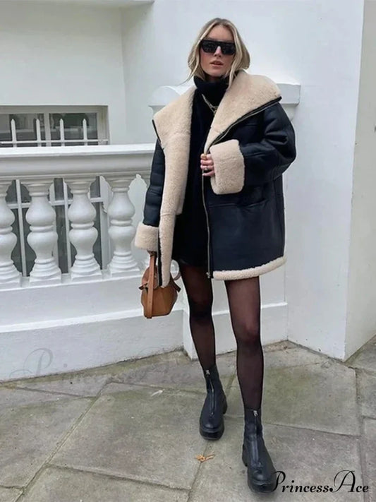 Black Faux Leather Charming Fur Lining Coat Coats-L