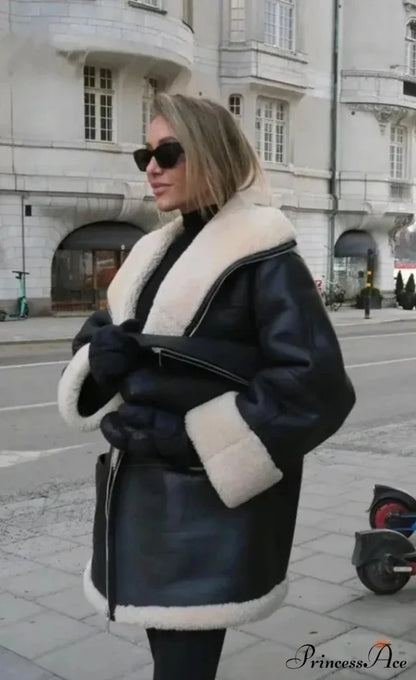 Black Faux Leather Charming Fur Lining Coat Coats-L
