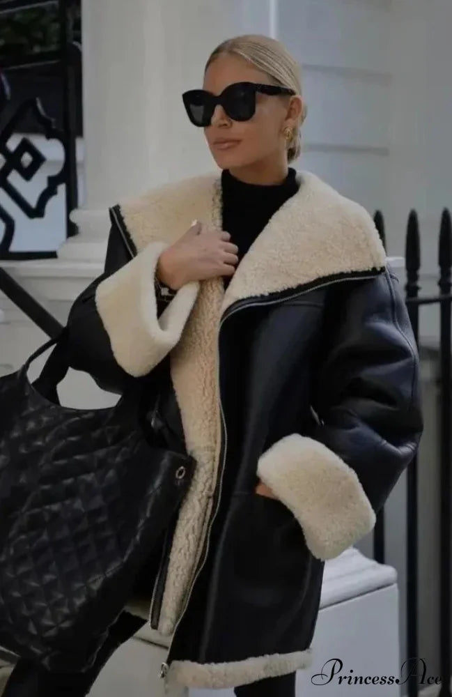 Black Faux Leather Charming Fur Lining Coat Coats-L