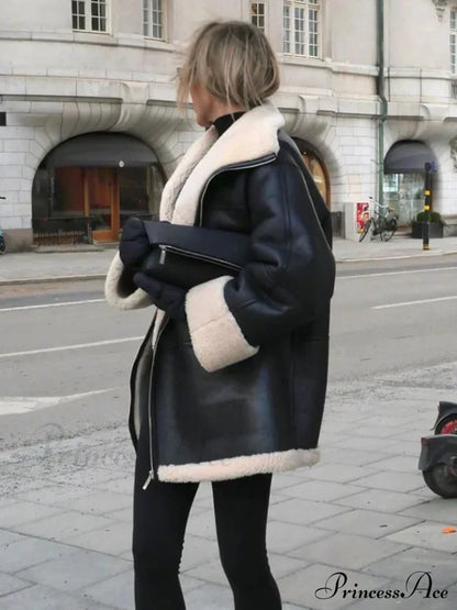 Black Faux Leather Charming Fur Lining Coat Coats-L