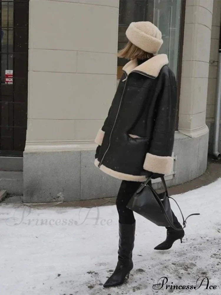 Black Faux Leather Charming Fur Lining Coat Coats-L