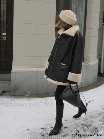 Black Faux Leather Charming Fur Lining Coat Coats-L