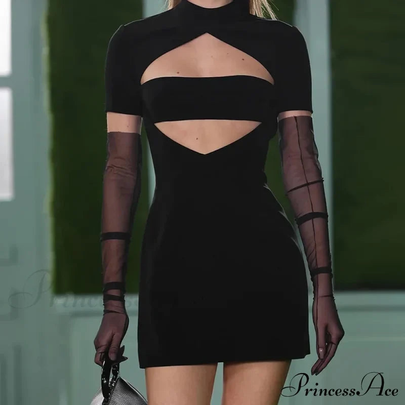 Black Front Hollow Charming Out Mini Dress