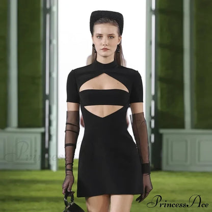 Black Front Hollow Charming Out Mini Dress