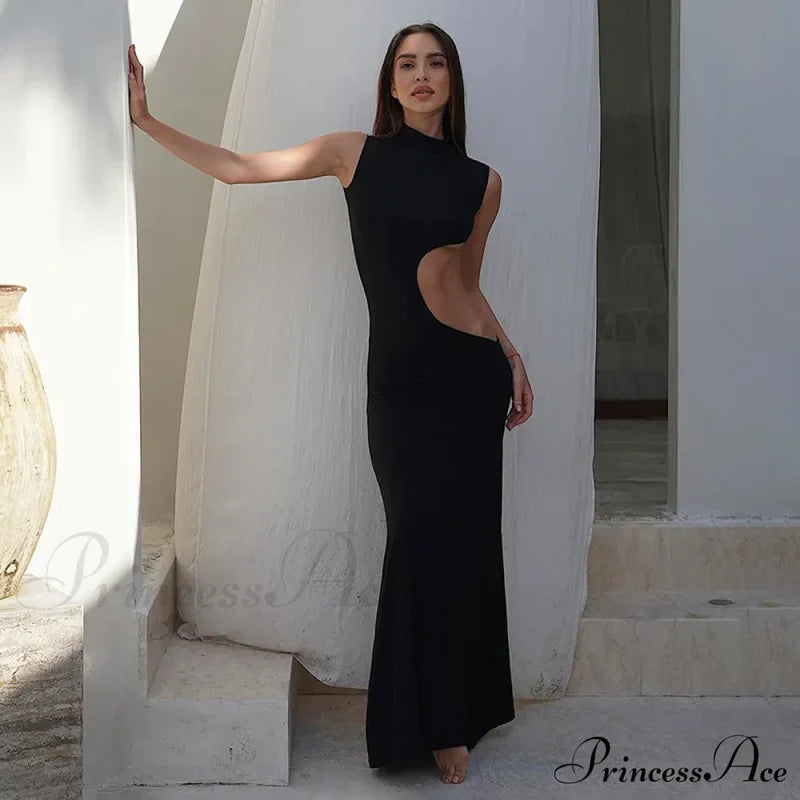 Black Hollow Out Long Women 2024 Sleeveless Bodycon Sexy Maxi Evening Slim Fashion Clubwear Cut