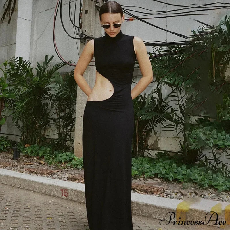 Black Hollow Out Long Women 2024 Sleeveless Bodycon Sexy Maxi Evening Slim Fashion Clubwear Cut