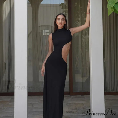 Black Hollow Out Long Women Sleeveless Bodycon Sexy Maxi Evening Slim Fashion Clubwear Cut Out Dress