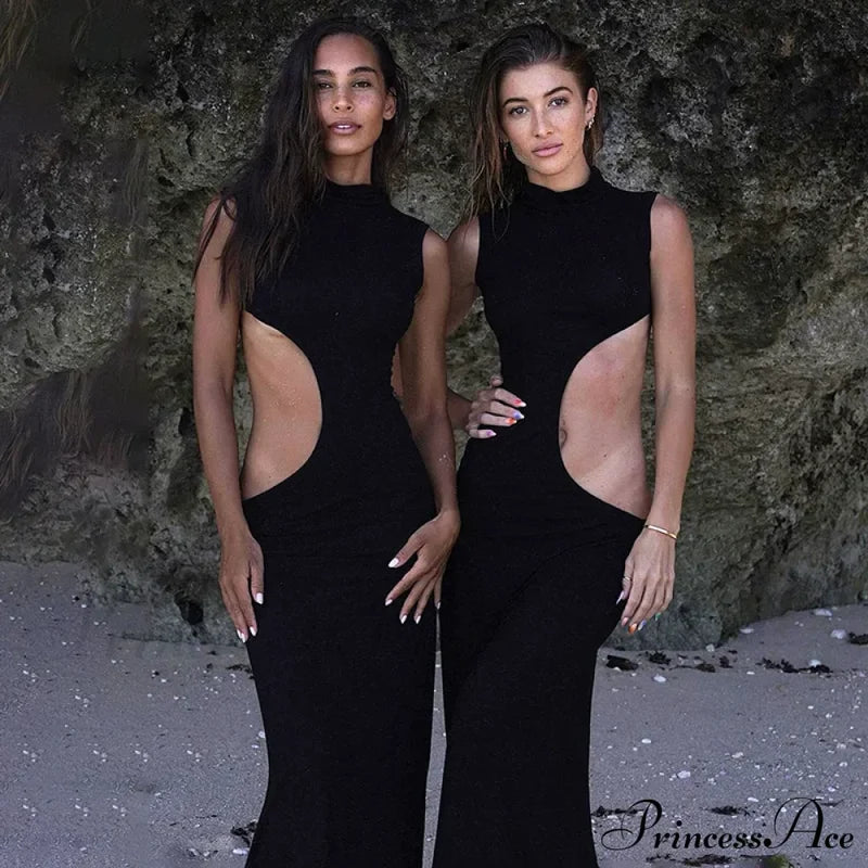 Black Hollow Out Long Women 2024 Sleeveless Bodycon Sexy Maxi Evening Slim Fashion Clubwear Cut