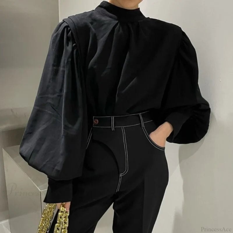 Elegant Blouse Black Sleeves Lantern Oversized And Vintage With Up Button Women’s Detail