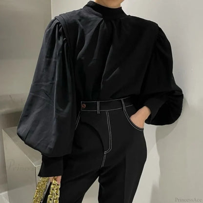 Elegant Blouse Black Sleeves Lantern Oversized And Vintage With Up Button Women’s Detail