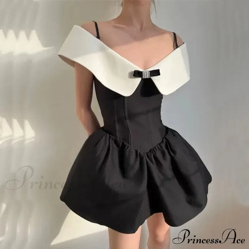Black Off-Shoulder Contrast Charming Collar Mini Dress