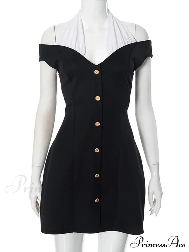 Black Off-Shoulder Contrast Charming Halter Buttoned Mini Dress
