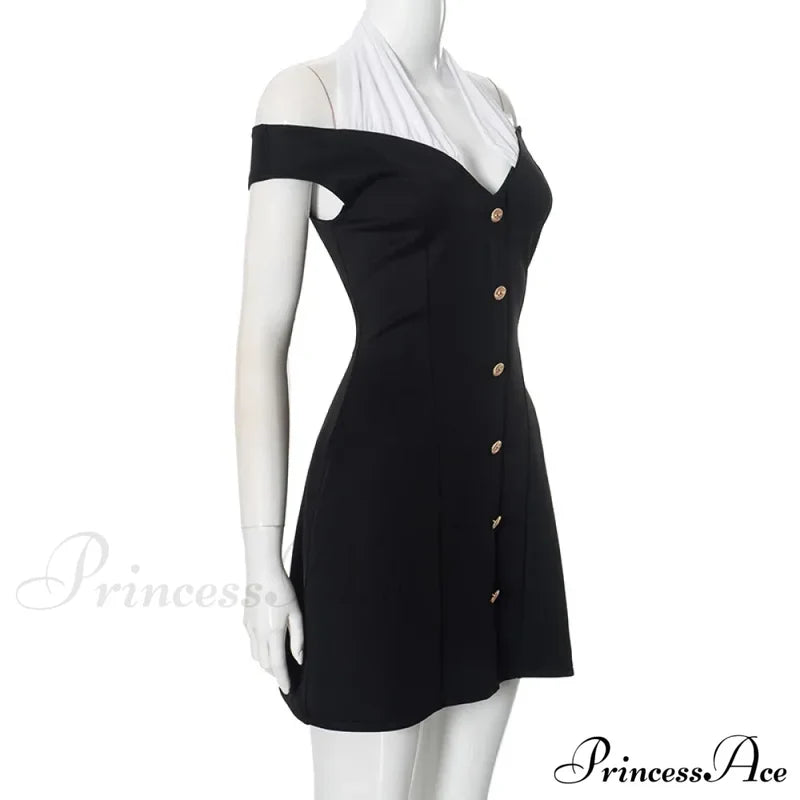Black Off-Shoulder Contrast Charming Halter Buttoned Mini Dress