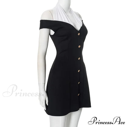 Black Off-Shoulder Contrast Charming Halter Buttoned Mini Dress