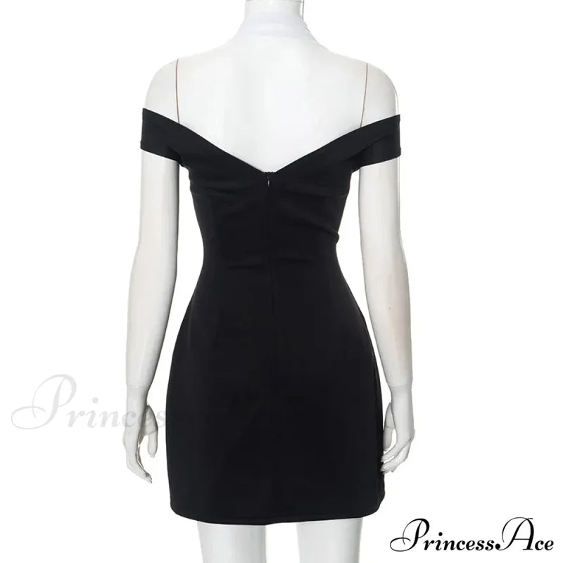 Black Off-Shoulder Contrast Charming Halter Buttoned Mini Dress