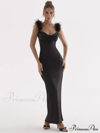 Black Satin Feather Charming Strap Maxi Dress Long