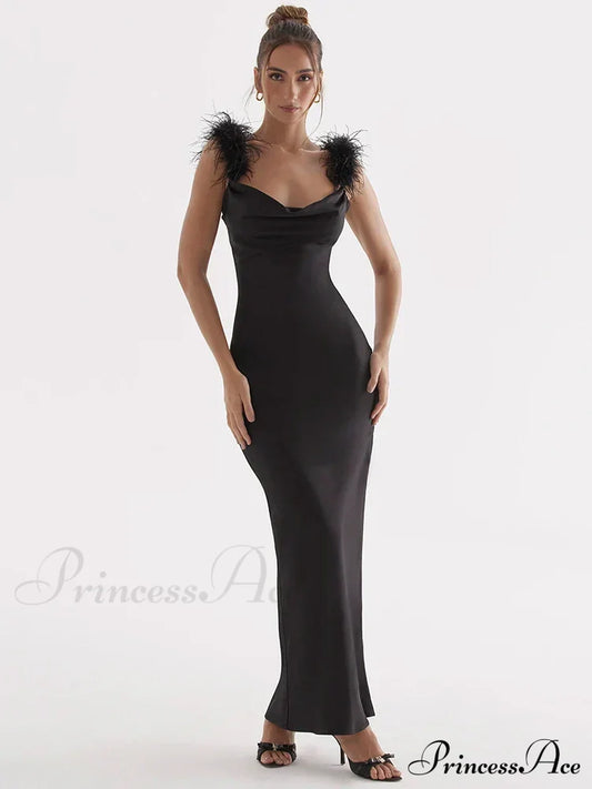 Black Satin Feather Charming Strap Maxi Dress Long