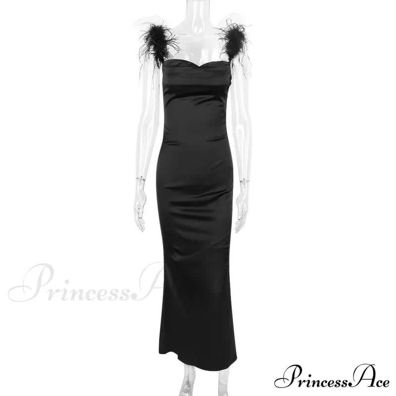 Black Satin Feather Charming Strap Maxi Dress Long