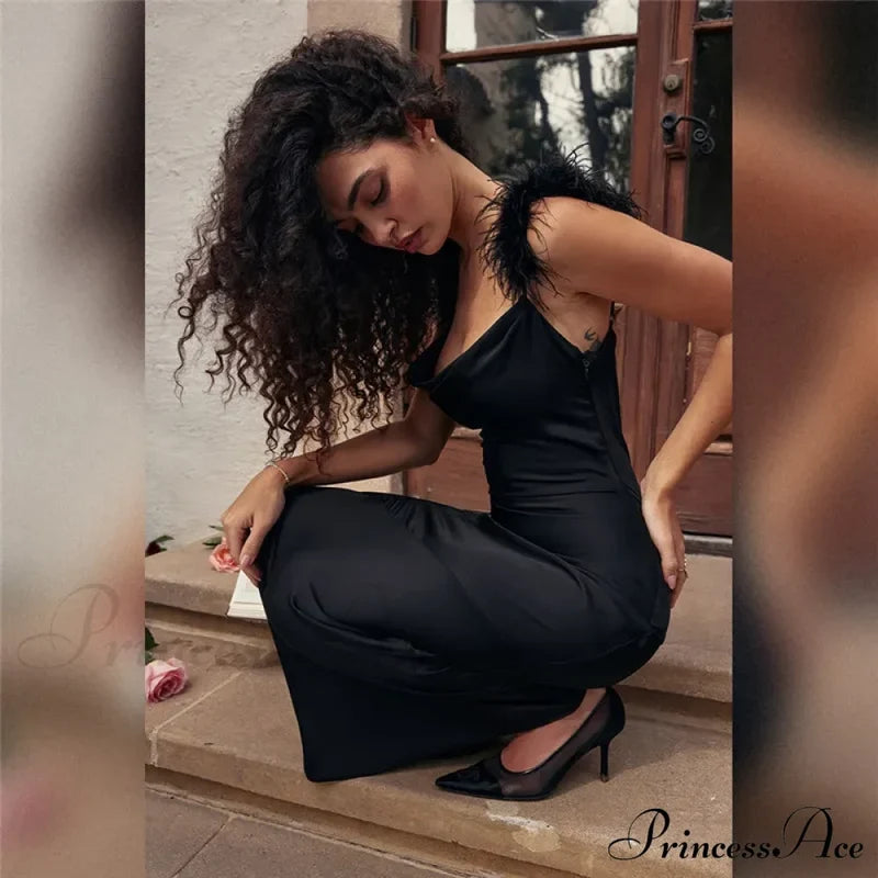 Black Satin Feather Charming Strap Maxi Dress Long