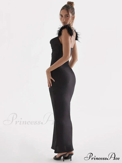 Black Satin Feather Charming Strap Maxi Dress Long