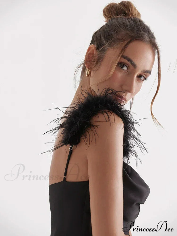 Black Satin Feather Charming Strap Maxi Dress Long