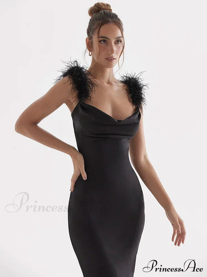 Black Satin Feather Charming Strap Maxi Dress Long