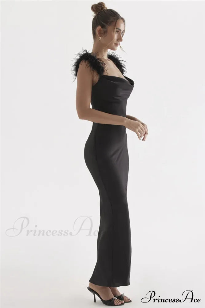 Black Satin Feather Charming Strap Maxi Dress Long