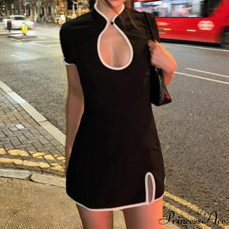 Black Short Sleeve Charming White Trim Mini Dress