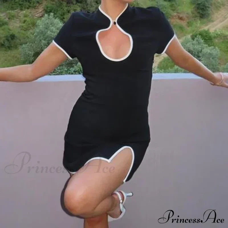 Black Short Sleeve Charming White Trim Mini Dress