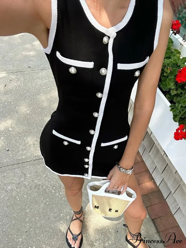 Black Sleeveless Contrast Charming Buttoned Mini Dress Dress