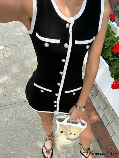 Black Sleeveless Contrast Charming Buttoned Mini Dress Dress