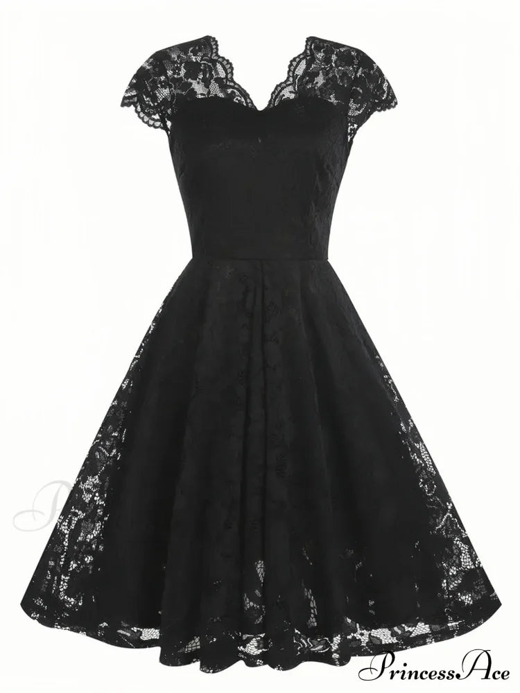Black V Neck Cap Sleeve A Line Dress For Parties S / Black Lace Party Dress