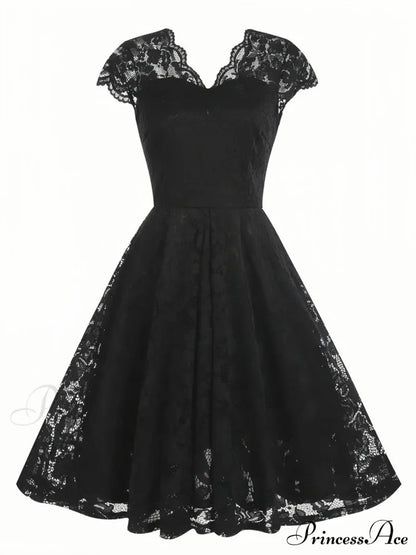 Black V Neck Cap Sleeve A Line Dress For Parties S / Black Lace Party Dress